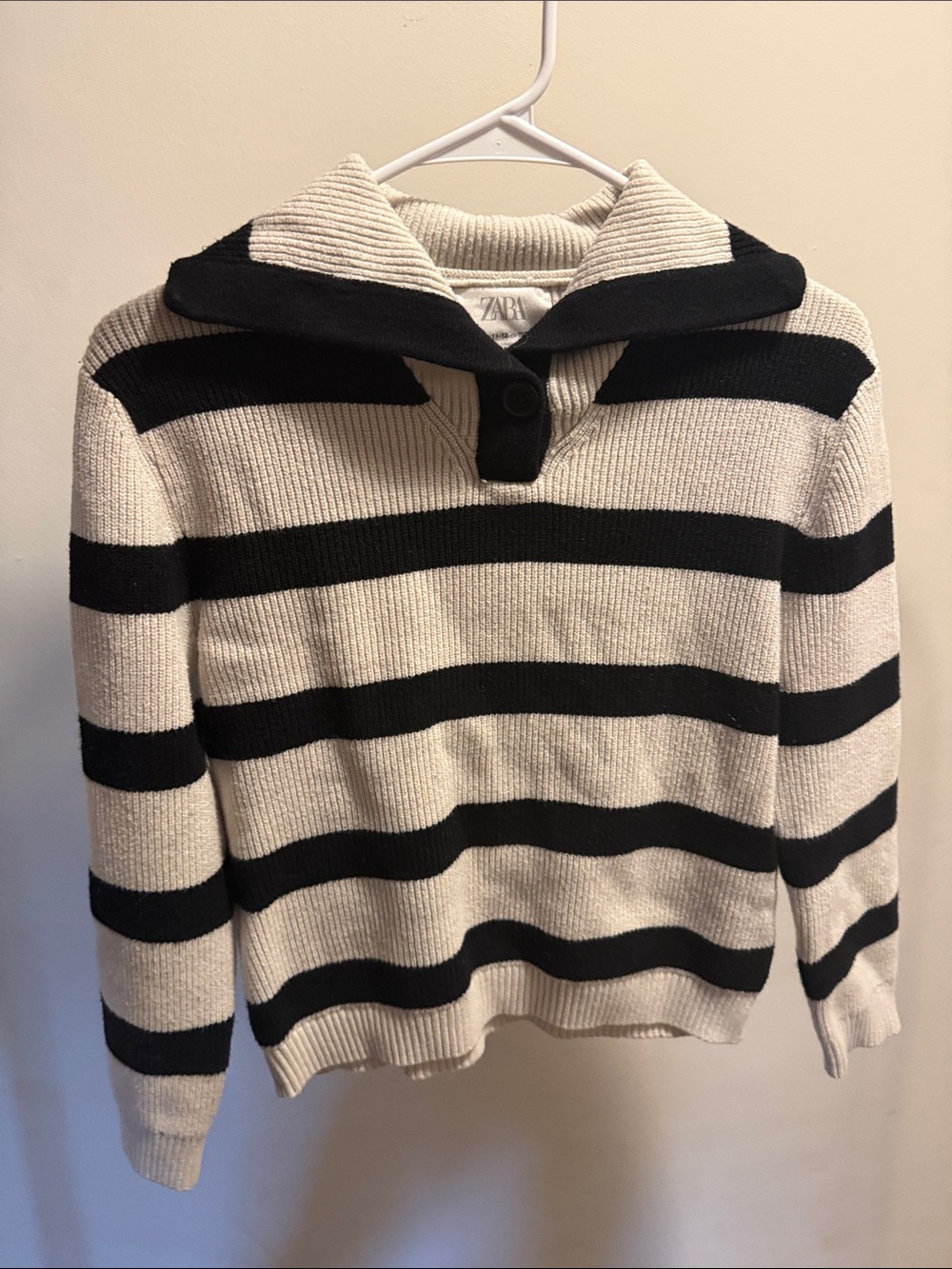 Zara Black and Cream Striped Collar Sweater